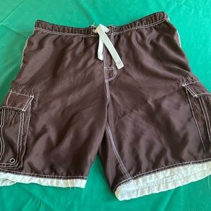 Nobo no boundaries brown with white trim pocket swim shorts men’s bathing suit